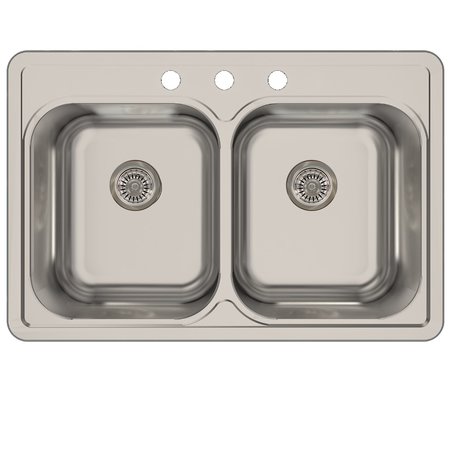 33 Inch Double Bowl Equal Self Rimming Stainless Steel Drop In Kitchen Sink, 18 Gauge -  NANTUCKET SINKS, NS3322-DE